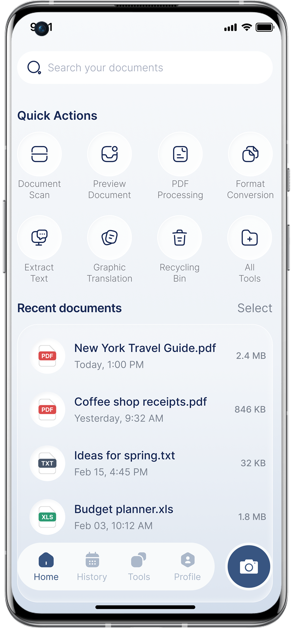 PDF AI Editor home and quick actions screen