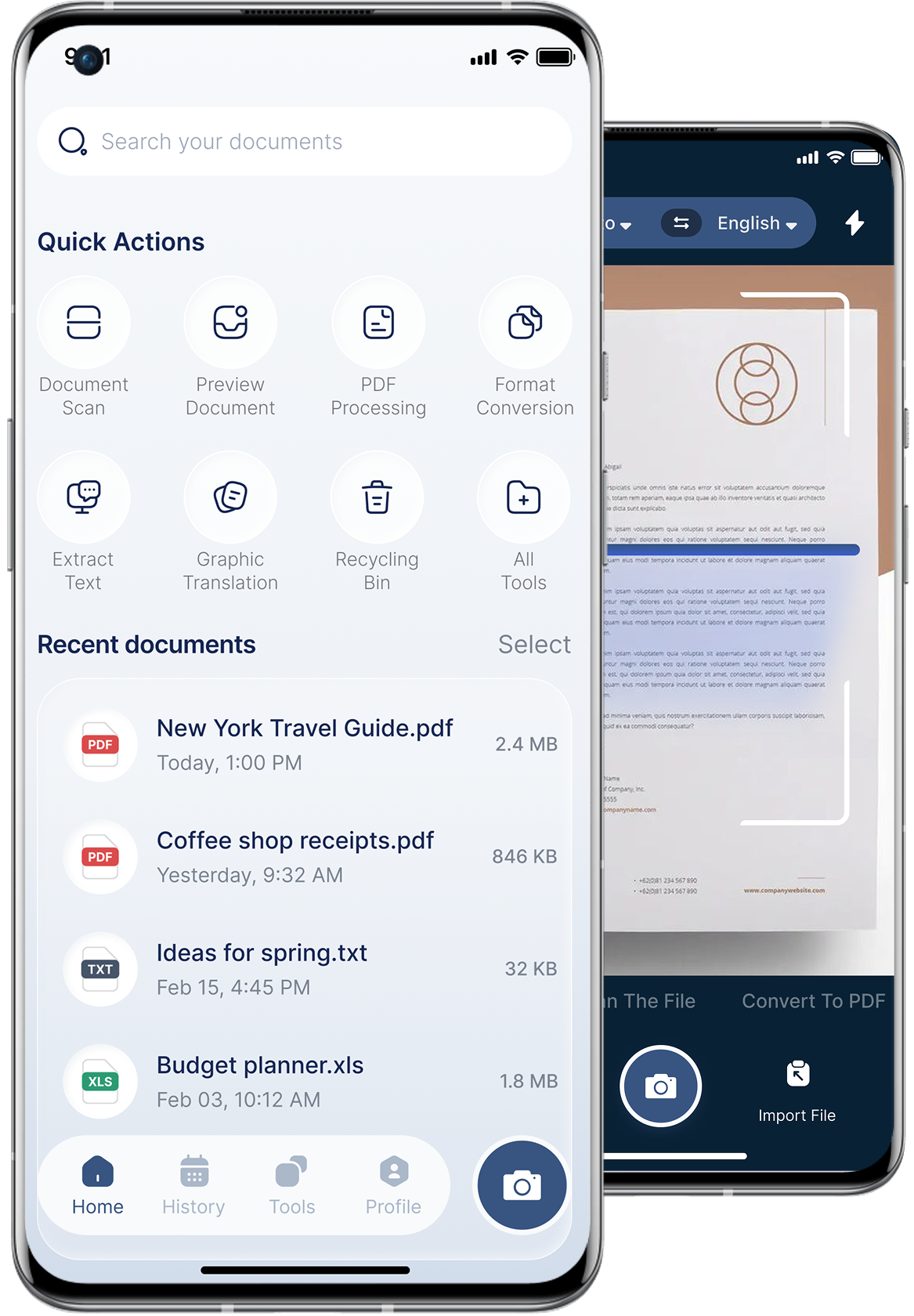 PDF AI Editor document and scanning screens on iPhone
